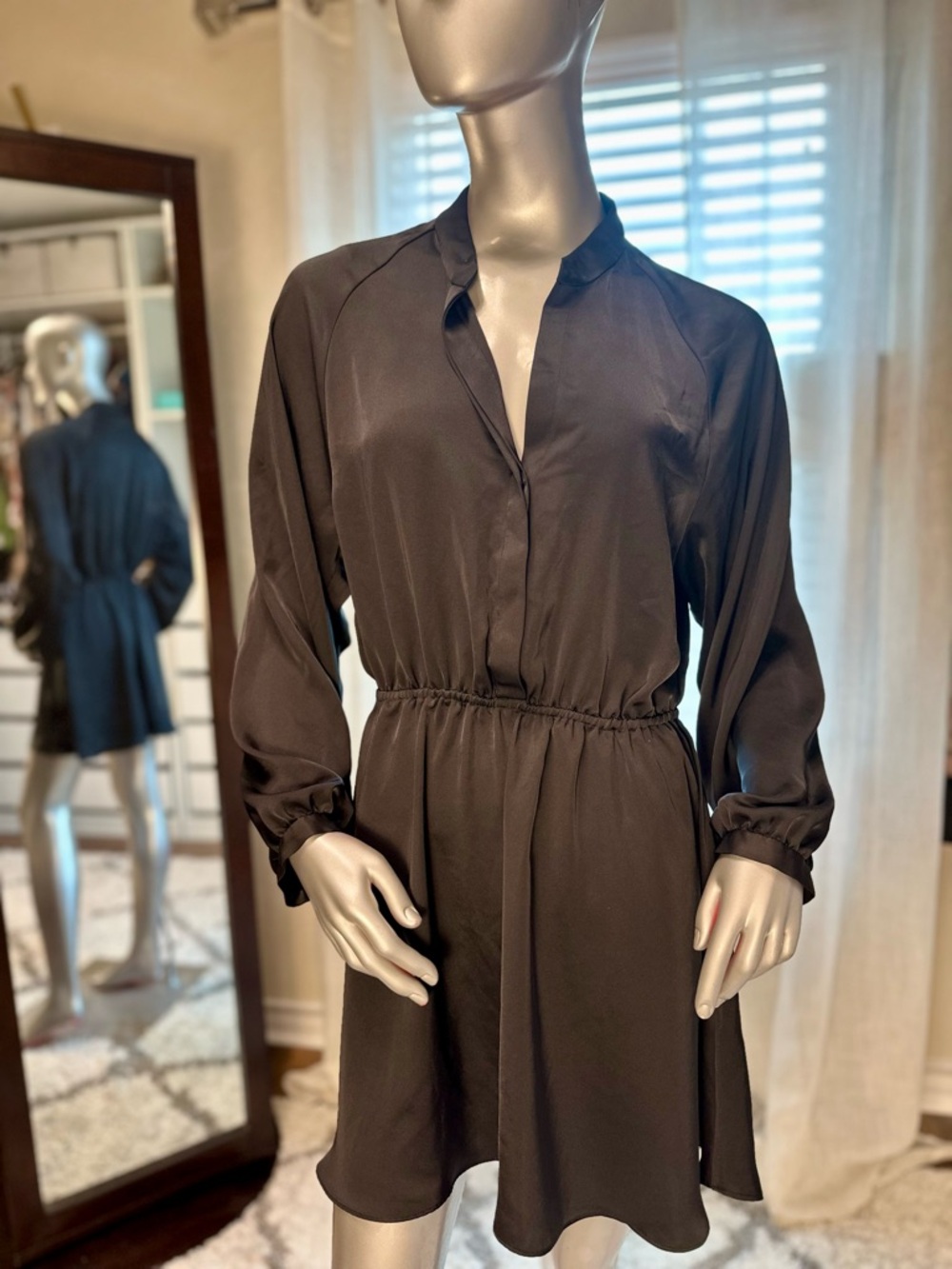 Babaton Aritzia Black Long Sleeve Midi Shirt Dress Medium Satin
